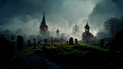 Haunted village house and cemetery in foggy atmosphere, fog scary horror landscape, dark sky, black sky fantasy medieval concept, Halloween background 3d rendering