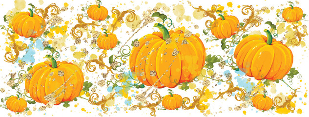 Halloween, pumpkins pattern.  Orange, gold colours. Watercolour illustration.