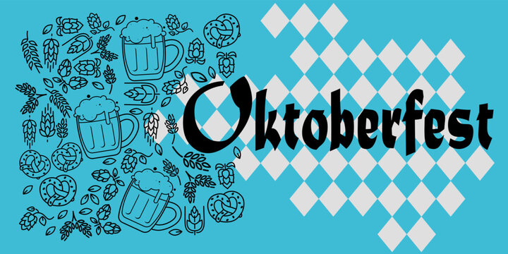 Word OKTOBERFEST and different drawings on blue background