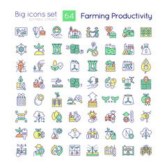 Farming productivity RGB color icons set. Agricultural business. Harvest. Isolated vector illustrations. Simple filled line drawings collection. Editable stroke. Quicksand-Light font used