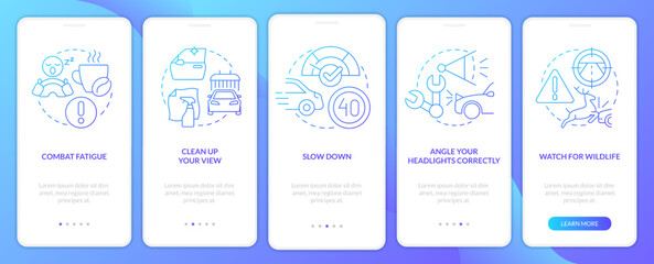 Driving safety at night blue gradient onboarding mobile app screen. Walkthrough 5 steps graphic instructions with linear concepts. UI, UX, GUI template. Myriad Pro-Bold, Regular fonts used