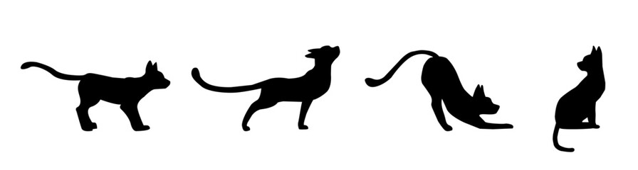 Cartoon set silhouette of a black cat isolated on black background. World Cat Day concept. International Cat Day. Logo, label, emblem for the holiday of cats