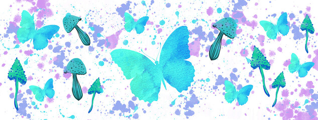Fototapeta na wymiar Watercolour illustration with butterfly. Botanical motifs, mushroom, flowers. Wedding, birthday, celebration template. Wallpaper, pattern