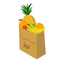 Fresh fruit in a paper bag. Delivery of healthy food. Vector illustration isolated on white background.