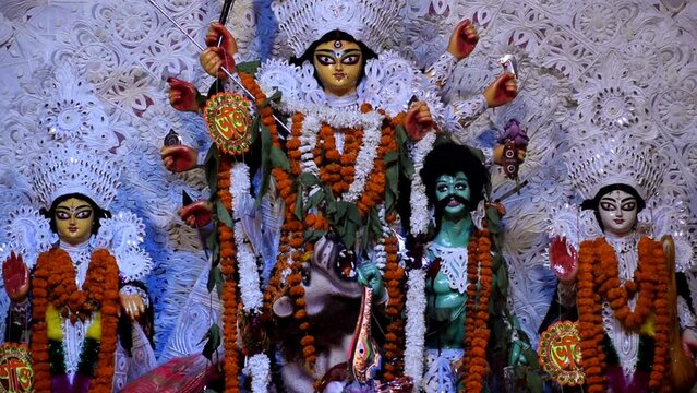 Goddess Durga with traditional look in close up view at a South Kolkata Durga Puja, Durga Puja Idol, A biggest Hindu Navratri festival in India