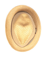 Straw hat on gray top view.