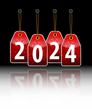 Red hanging tags with the 2024 and reflection. Vector illustration