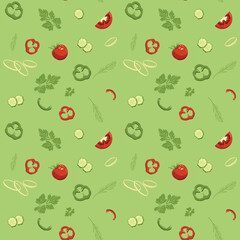 Seamless pattern of a set of vegetables for salad on a green background. Vector illustration for decor and wrapping paper