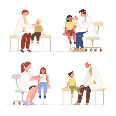 Patients at reception at pediatrician, ENT, neurologist. Children's health diagnostics. In doctor's office for medical examination. Vector characters flat cartoon illustrations.