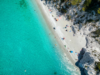 Aerial top view of the beautiful Hovolo beach at the island of Skopelos, Sporades, Greece, with...