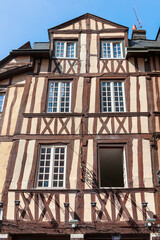 Street with timber framing houses in Rouen, Normandy, France. Architecture and landmarks of Rouen.