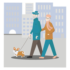 An elderly man and woman are walking in the city with a pet - a dog of the Corgi breed. Cheerful puppy on a leash. Retirement leisure. Vector illustration.