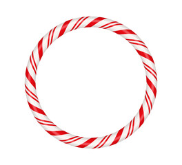 Christmas candy cane circle frame with red and white striped. Xmas border with striped candy lollipop pattern. Blank christmas and new year template. Vector illustration isolated on white background.