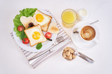 Fried Egg on Toast Bread and cup of fresh hot coffee on light grey background