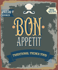 cover for the menu,a road sign of a French cafe in vintage style with the inscription bon appetit - obrazy, fototapety, plakaty