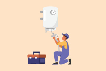 Business flat cartoon style drawing repairman or plumber in overalls installing water heater or boiler. Home repair, maintenance plumbing services. Handyman concept. Graphic design vector illustration