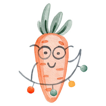 Watercolor funny cartoon carrot.