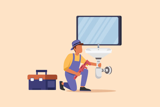 Business design drawing repairman or plumber repairs sink in bathroom and plumbing pipe. Handyman makes house repair works. Home repair and maintenance services. Flat cartoon style vector illustration