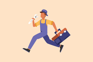 Fototapeta na wymiar Business flat cartoon style drawing mechanic repairman worker with tools is running. Technical service. Plumber with monkey wrench and toolbox run forward. Handyman. Graphic design vector illustration