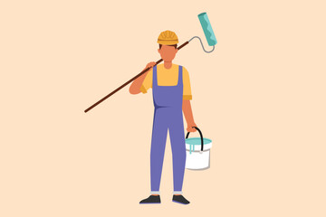 Business design drawing handyman or painter standing with bucket and paint roller. Professional repairman in overalls working on apartment or home renovation. Flat cartoon style vector illustration