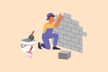 Business flat cartoon style drawing repair worker laying ceramic wall tile. Professional tiler in uniform working. Repairman in overalls tiling at home. Decoration. Graphic design vector illustration