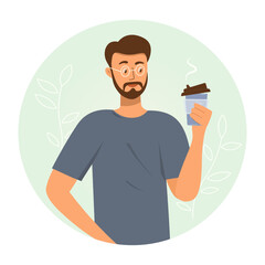 A man with a cup in his hand drinks hot coffee. Vector isolated illustration icon. A young hipster is holding a paper cup with coffee or tea. Flat design for drink advertising.