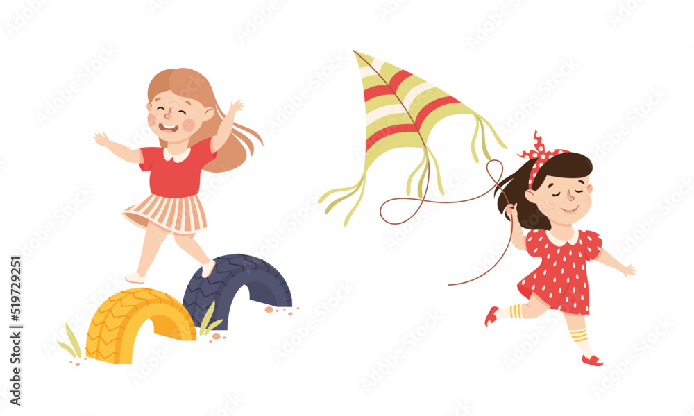 Poster smiling girl on playground flying kite and jumping playing and having fun vector set