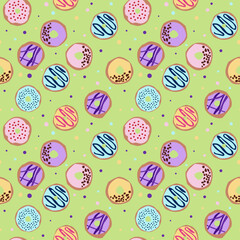 seamless pattern with glazed donuts. Bright juicy pattern on a green background