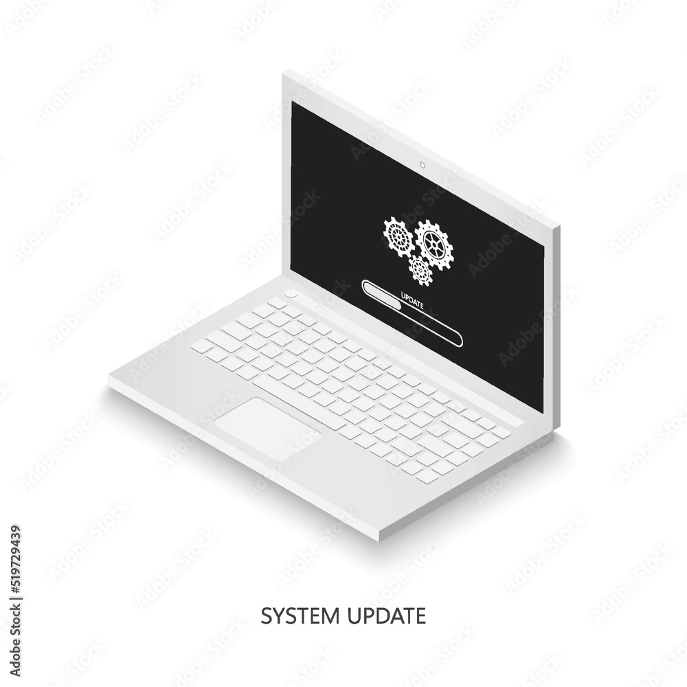 Poster software update on laptop icon. laptop with loading sign on the screen. isometric laptop. system upg