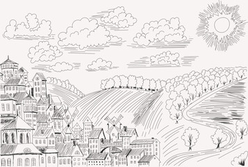 black and white vector drawing in the form of a sketch depicting a small town in the countryside for the design of illustrations, covers, stained glass windows