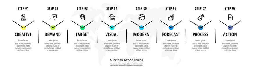 Infographic vector arrow design with 8 steps. Infographics for business concept with eight icons. Used for diagram, presentations banner, timeline, process, chart, info graph