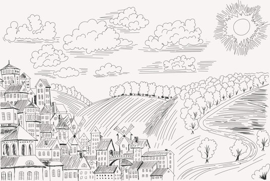 black and white vector drawing in the form of a sketch depicting a small town in the countryside for the design of illustrations, covers, stained glass windows