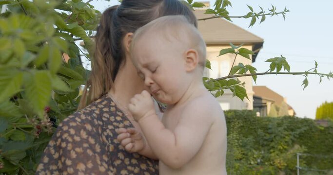 a young mother holds her baby son in her arms against the background of a bush with blackberries, the child eats a berry and grimaces from sourness. the child eats sour blackberries and grimaces