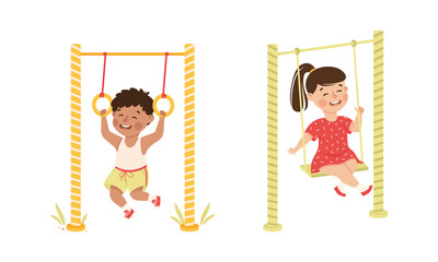 Smiling Girl and Boy Hanging on Rings and Swinging Playing and Having Fun Vector Set