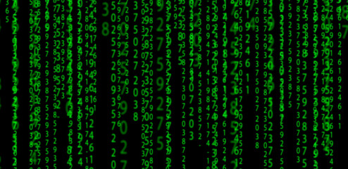 Matrix background. Green data code abstract numbers on black background. Technology, cyberpunk, network concept. 