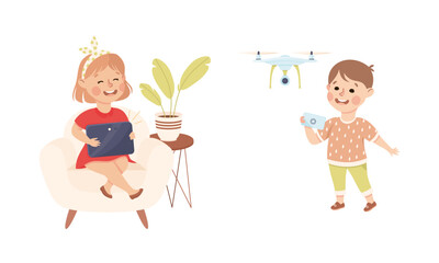 Cute Boy and Girl with Tablet PC and Controlling Flying Quadcopter Vector Set
