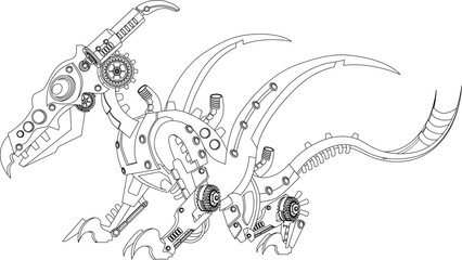 A pteranodon robot in a metallic steampunk style coloring book. A cyborg dinosaur on a white background. © Александр Колесников