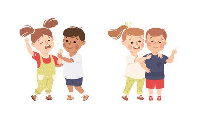 Little Kid Supporting and Comforting Sad Friend Vector Illustration Set