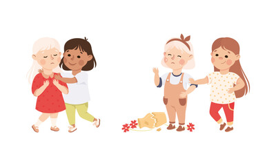 Little Girl Supporting and Comforting Sad Crying Friend Vector Illustration Set