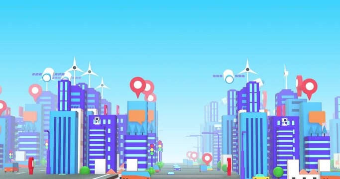Crowded Cartoon Looking Smart City 3D Animation. Perfect Loop. Technology And Smart Cities Related 3D Animation.
