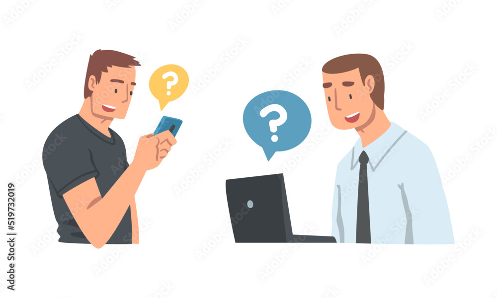 Poster young man character asking question using internet search system on smartphone and laptop vector set