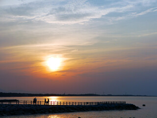The seaside park and the gradation of the setting sun