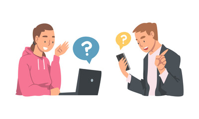 Fototapeta na wymiar Young Man and Woman Character Asking Question Using Internet Search System on Smartphone and Laptop Vector Set