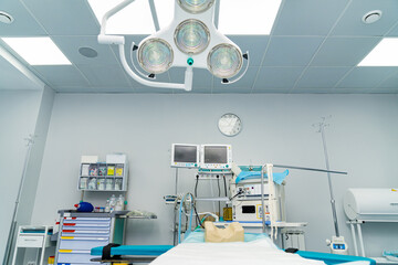 Sterile surgical lamps in operation ward. Modern surgery light in emergency room.