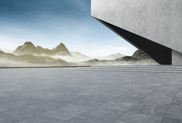 Empty concrete floor for car park. 3d rendering of abstract building with mountain and blue sky background.