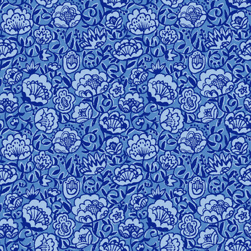 手描き　細かな花とツタの模様　シームレスパターン（青）