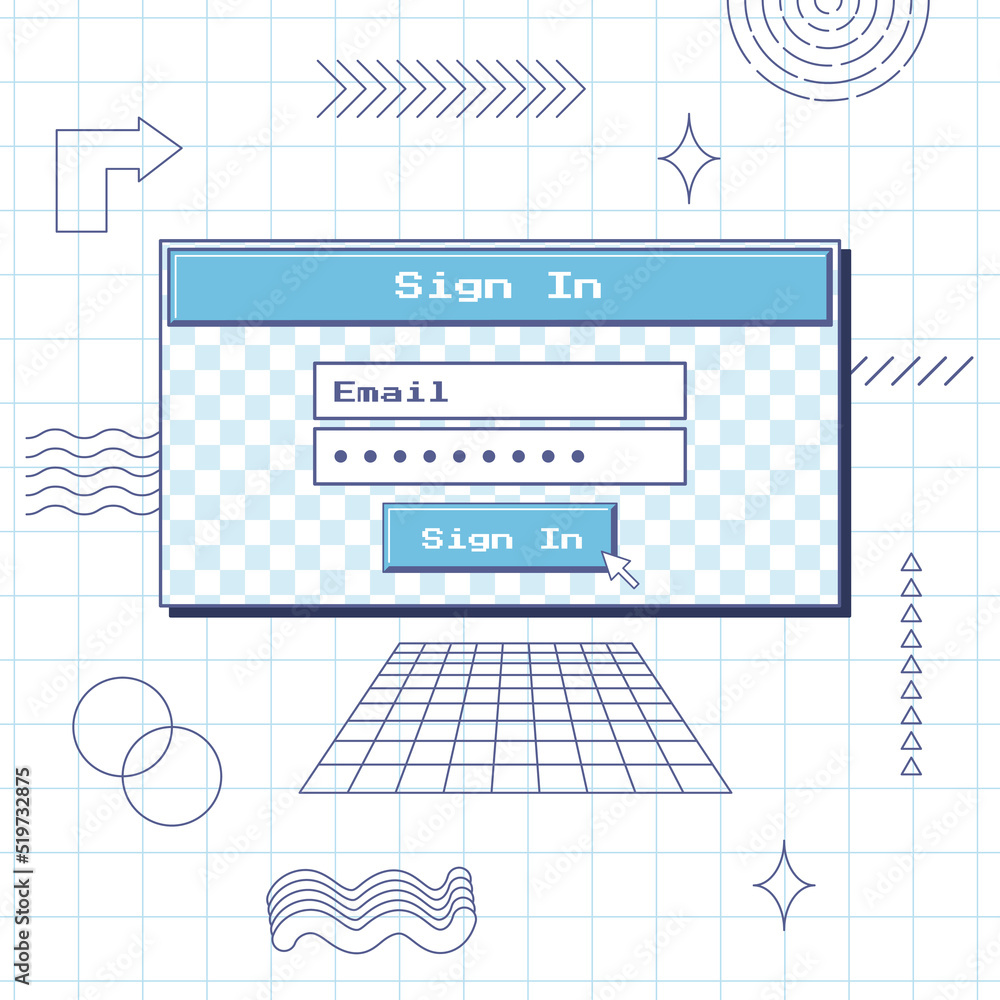 Poster login and password input dialog box. retro vintage style. aesthetics of an old computer of the 90s. 