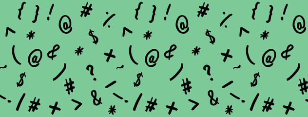 pattern with the image of keyboard symbols. Punctuation marks. Template for applying to the surface. pastel green background. Banner for insertion into site.