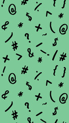 pattern with the image of keyboard symbols. Punctuation marks. Template for applying to the surface. pastel green background. Vertical image.
