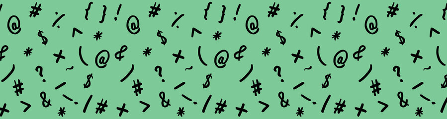 pattern with the image of keyboard symbols. Punctuation marks. Template for applying to the surface. pastel green background. Banner for insertion into site.